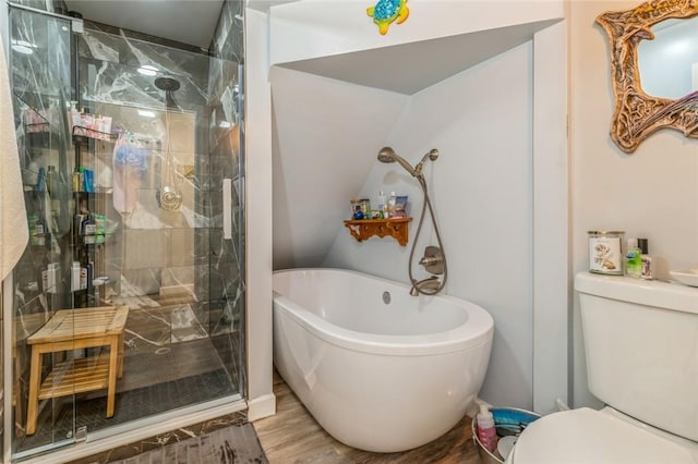 bathroom with wood-type flooring, shower with separate bathtub, and toilet