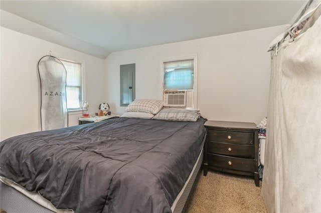 carpeted bedroom with electric panel and cooling unit