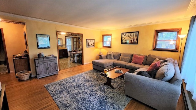 living room featuring hardwood / wood-style flooring and ornamental molding