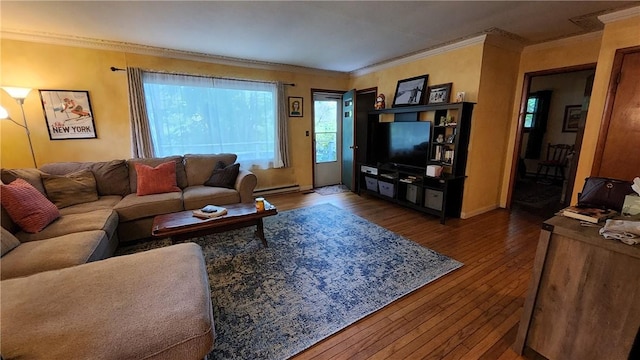 living room with dark hardwood / wood-style flooring and crown molding