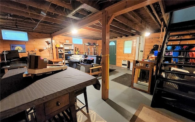 basement featuring wooden walls and a healthy amount of sunlight