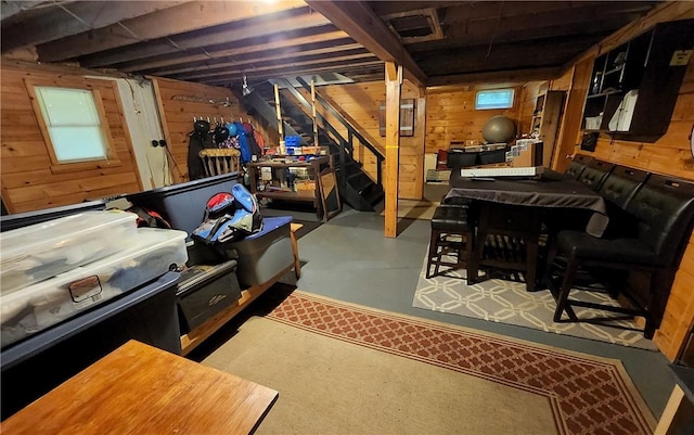 basement featuring a healthy amount of sunlight and wooden walls