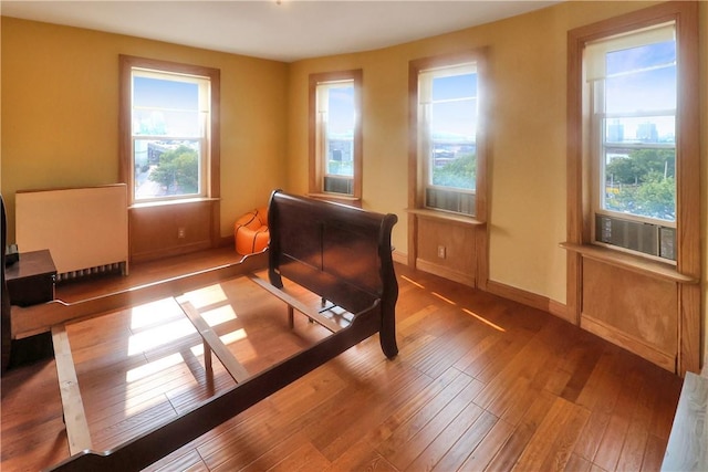 bedroom featuring multiple windows, wood-type flooring, and radiator