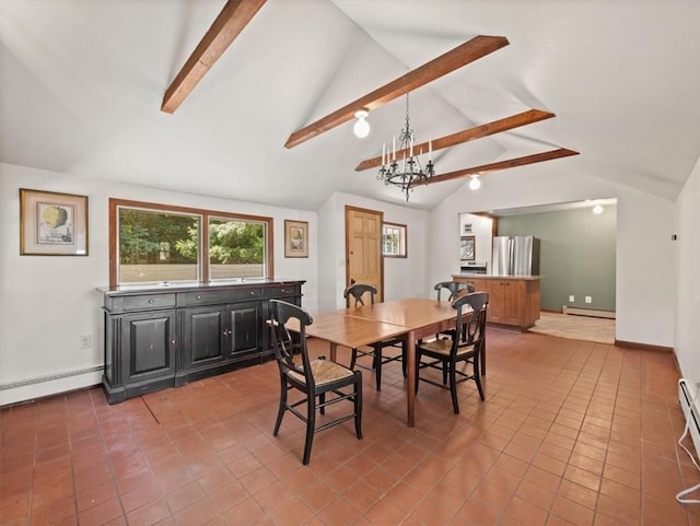 tiled dining room with beam ceiling, high vaulted ceiling, a chandelier, and a baseboard heating unit