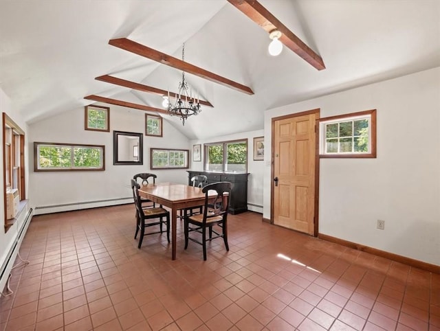 tiled dining room with baseboard heating, vaulted ceiling with beams, and a chandelier