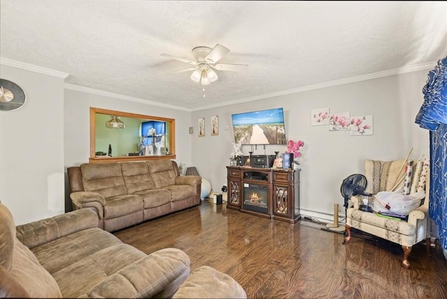 living room with dark hardwood / wood-style flooring, ornamental molding, a textured ceiling, baseboard heating, and ceiling fan