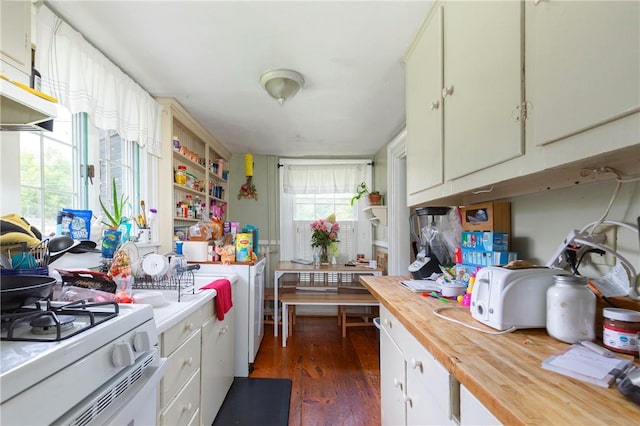 kitchen with white cabinetry, dark hardwood / wood-style flooring, butcher block countertops, exhaust hood, and white stove