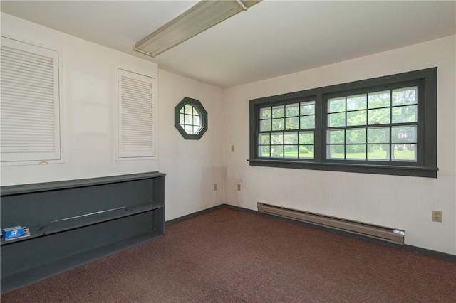 unfurnished room with a baseboard radiator and dark carpet