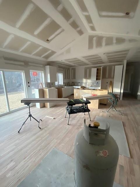 miscellaneous room featuring light hardwood / wood-style floors and lofted ceiling