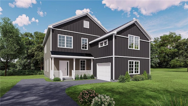 view of front of house with a front yard, a porch, and a garage