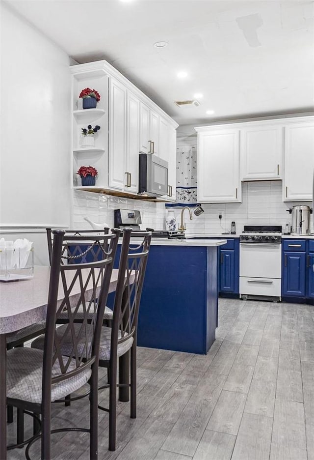 kitchen featuring light hardwood / wood-style floors, stainless steel appliances, and blue cabinets