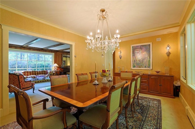 dining space with a notable chandelier, crown molding, and a baseboard radiator