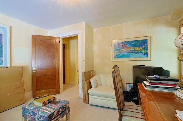 sitting room featuring light carpet