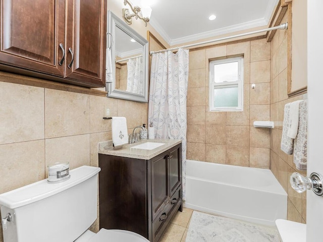 full bathroom with shower / bath combination with curtain, tile patterned flooring, toilet, ornamental molding, and tile walls