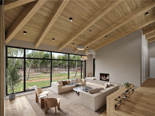 living room featuring beamed ceiling, wooden ceiling, high vaulted ceiling, and light hardwood / wood-style flooring