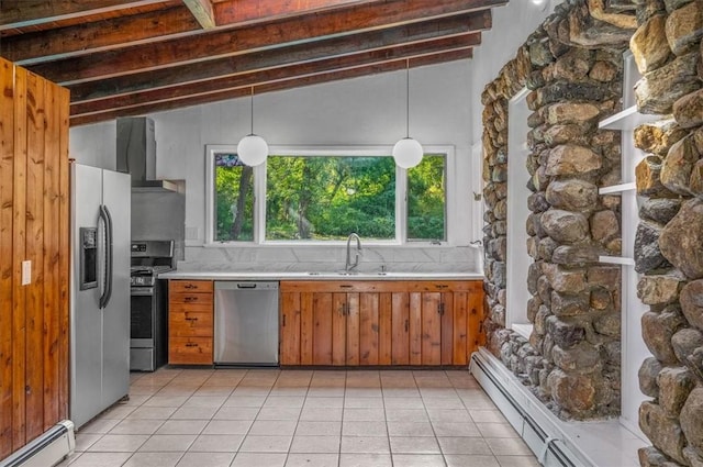 kitchen with sink, stainless steel appliances, vaulted ceiling with beams, a baseboard heating unit, and pendant lighting