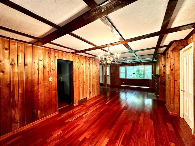 interior space with dark hardwood / wood-style flooring, coffered ceiling, a notable chandelier, beamed ceiling, and wood walls