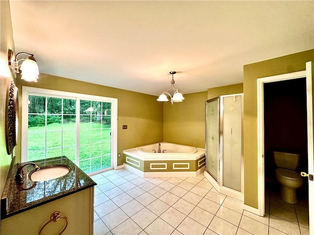 full bathroom featuring vanity, an inviting chandelier, tile patterned floors, toilet, and shower with separate bathtub