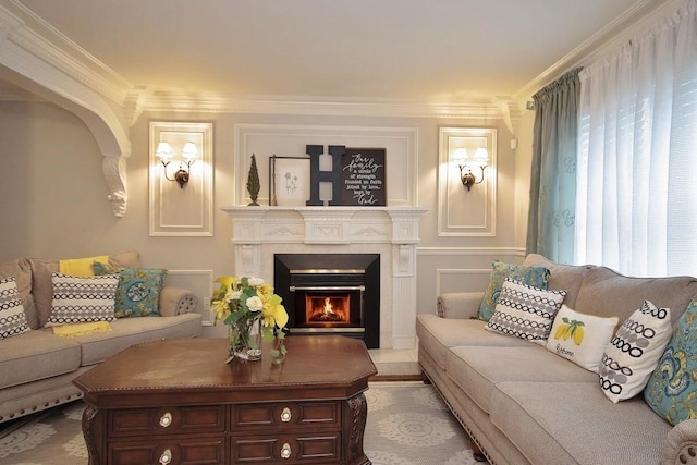 living room featuring crown molding