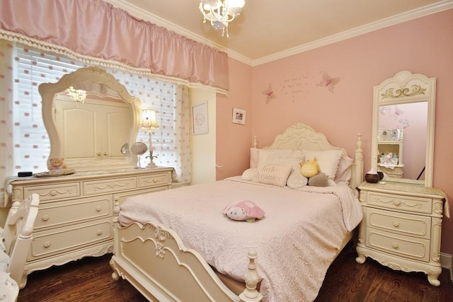 bedroom with multiple windows, crown molding, and dark hardwood / wood-style floors