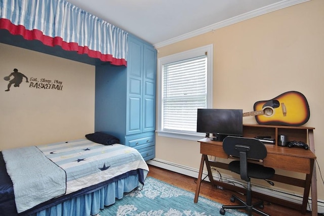 bedroom featuring baseboard heating, wood-type flooring, and ornamental molding