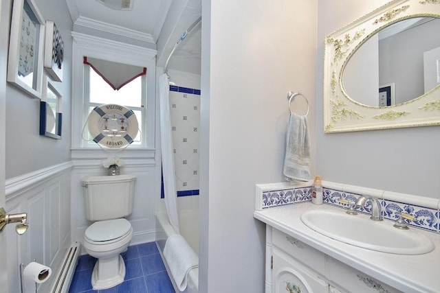 full bathroom with shower / tub combo, ornamental molding, vanity, baseboard heating, and toilet