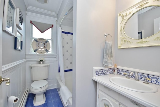168 S Centerville Rd, Middletown, NY 10940 - bathroom featuring vanity, shower / bathtub combination with curtain, crown molding, tile patterned flooring, and a baseboard heating unit