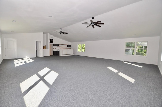 unfurnished living room with carpet, ceiling fan, and lofted ceiling