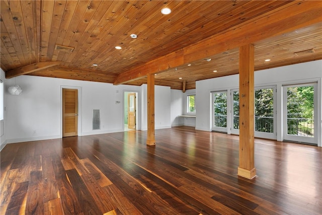 spare room with beam ceiling, dark hardwood / wood-style flooring, and wood ceiling