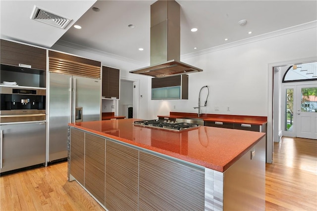 kitchen featuring crown molding, a kitchen island, island range hood, a sink, and appliances with stainless steel finishes