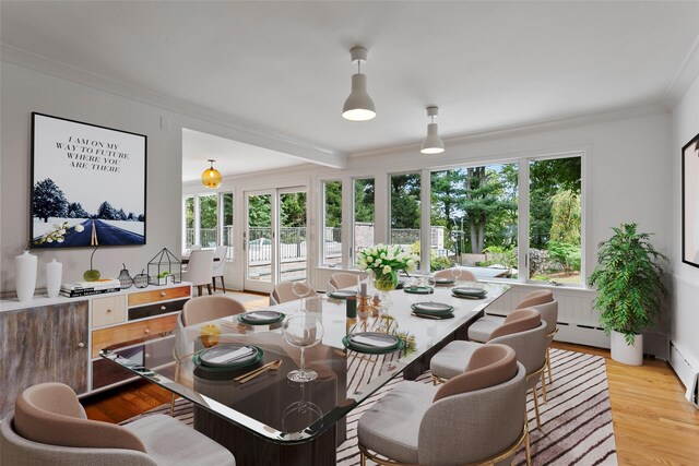 dining room with crown molding, a baseboard radiator, and light wood-style floors