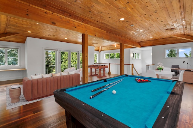 rec room featuring billiards, vaulted ceiling, wooden ceiling, recessed lighting, and hardwood / wood-style floors