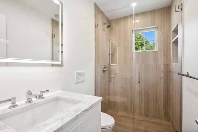 bathroom with toilet, vanity, and a shower with shower door