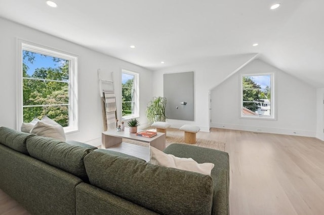 living room with a healthy amount of sunlight, light wood-type flooring, and lofted ceiling