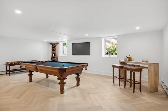 recreation room featuring billiards and light parquet flooring