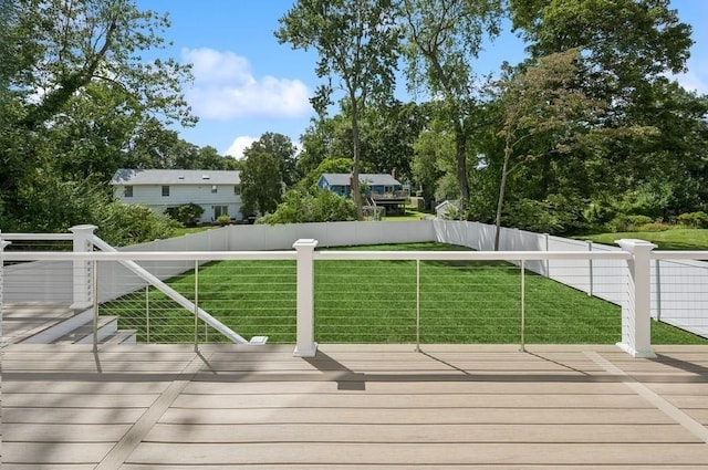 wooden deck featuring a lawn