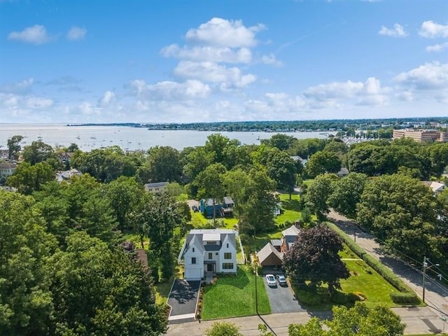 bird's eye view with a water view