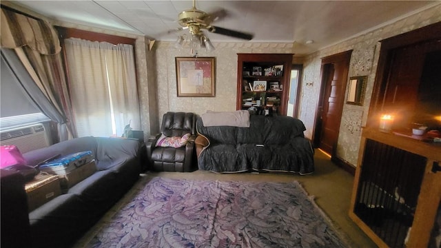 living room with cooling unit and ceiling fan