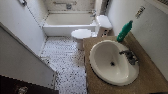 full bathroom with toilet, a bathtub, tile patterned floors, vanity, and a shower