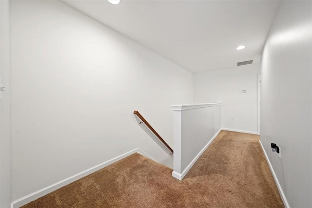 staircase featuring carpet flooring