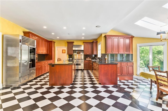 kitchen featuring tasteful backsplash, lofted ceiling with skylight, exhaust hood, high quality appliances, and an island with sink