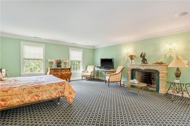 carpeted bedroom with crown molding