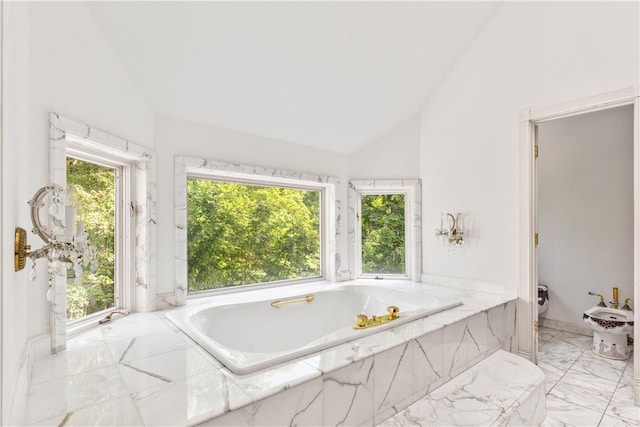 bathroom featuring high vaulted ceiling, plenty of natural light, a bidet, and tiled bath