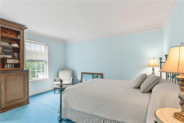 bedroom with carpet flooring and ornamental molding