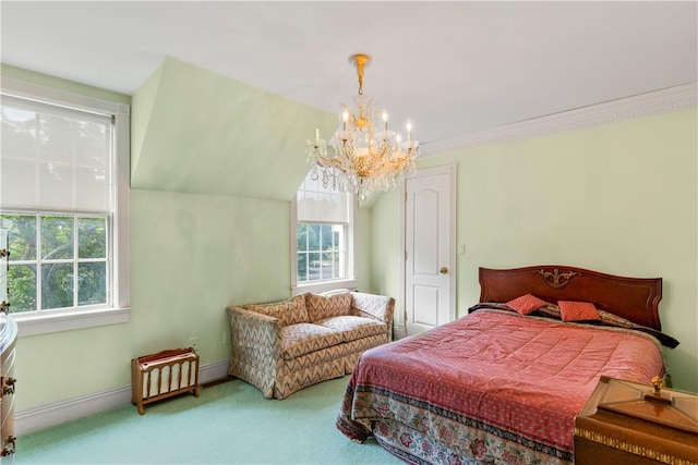 bedroom with multiple windows, crown molding, carpet, and a chandelier