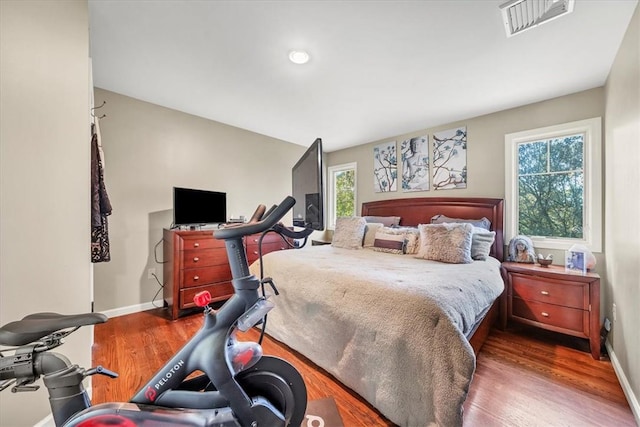 bedroom with multiple windows and dark wood-type flooring