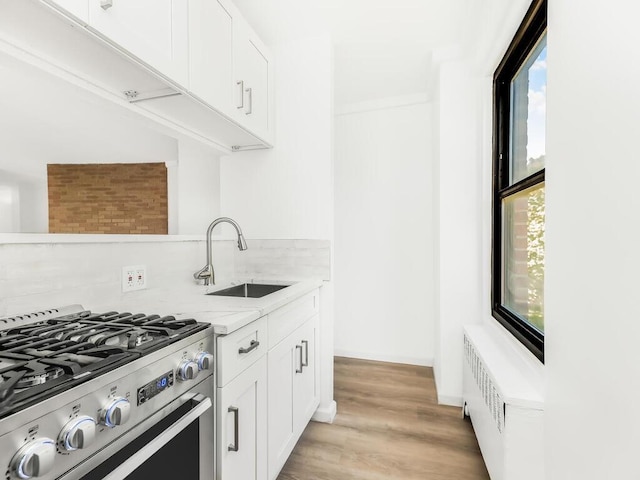 kitchen with white cabinets, light wood-type flooring, high end stainless steel range, and sink