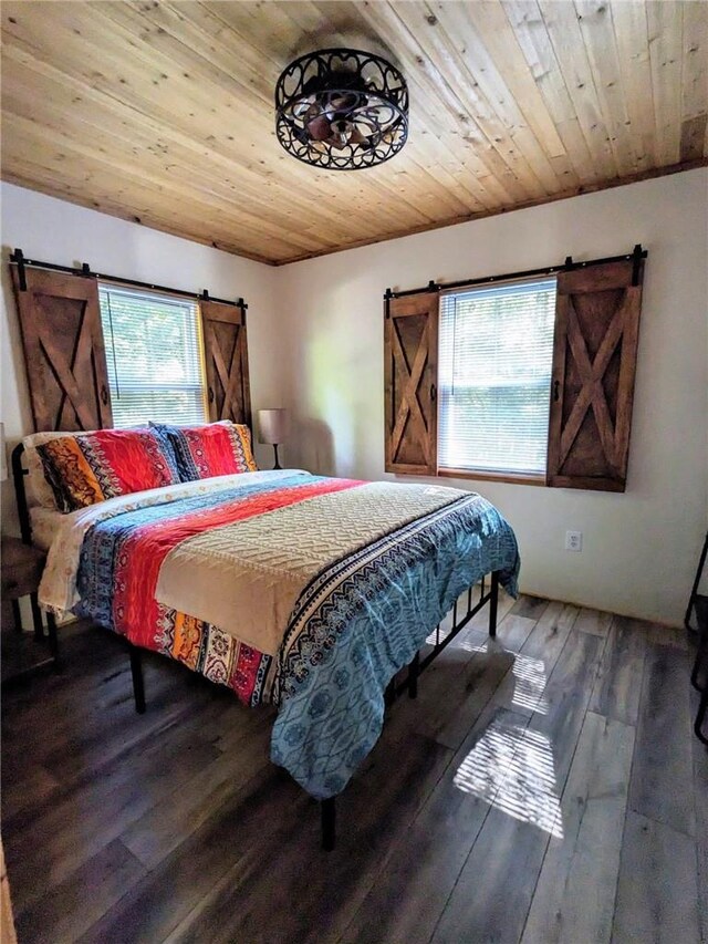 bedroom with hardwood / wood-style flooring, multiple windows, and wood ceiling