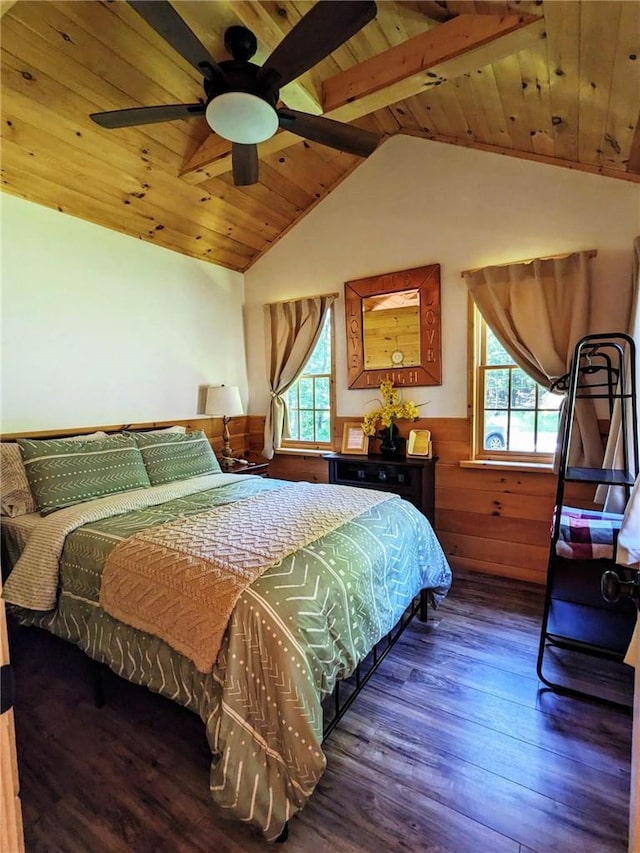 bedroom featuring ceiling fan, dark hardwood / wood-style flooring, wooden ceiling, and multiple windows