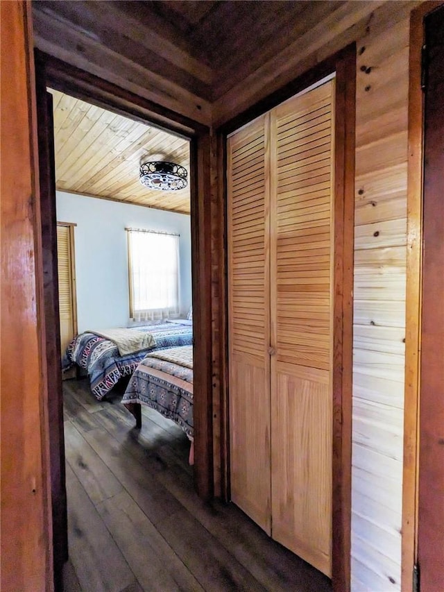 hallway with dark hardwood / wood-style flooring and wood ceiling